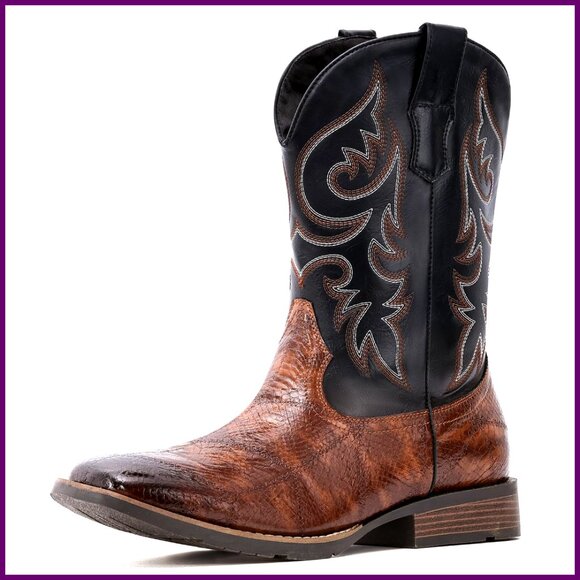 Men's Square Toe Western Boots Slip Resistant Pull On Embroidered